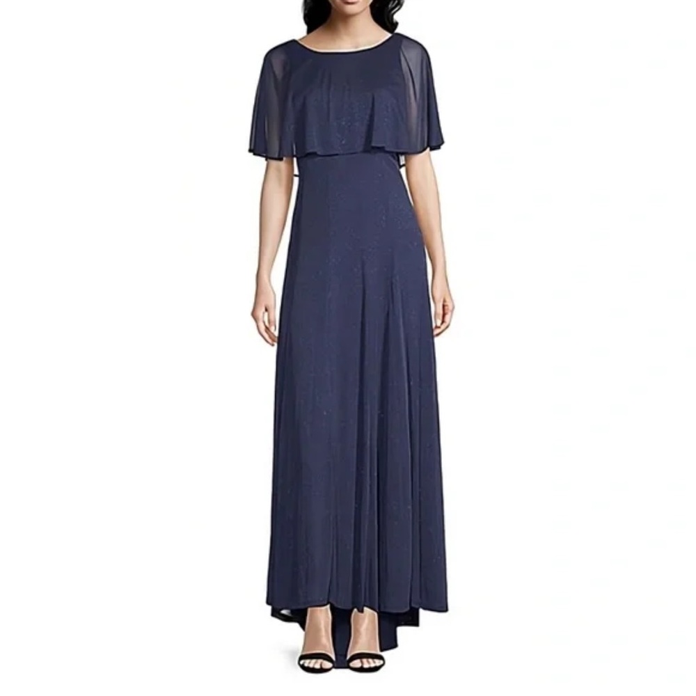 J. Taylor Navy Blue shimmering‎ Evening Dress long gown chiffon cape Sz 4